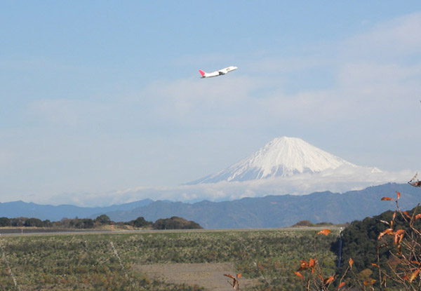 富士山をバックに離陸する日本航空機